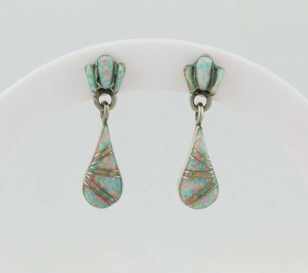 Sterling Silver Opal Earrings Dangle Drop 1" x 1/4"